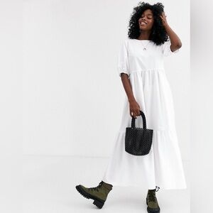 ASOS Tiered Cotton Poplin Smock White Midi Maxi Dress Size 6
